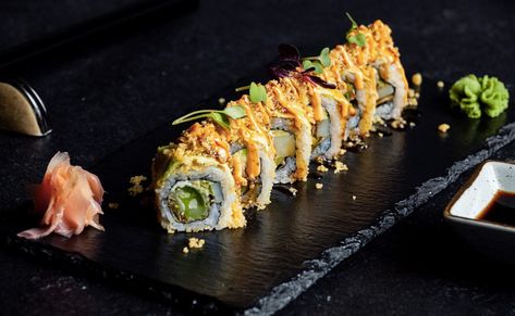 Esco Special Veg Tempura Roll Recipe by Alok Das - NDTV Food Veg Tempura, Tempura Roll Recipe, Winter Recipes Breakfast, Veg Sushi, Veggie Tempura, Vegetarian Sushi Rolls, Tempura Sushi, Rice Avocado, Tempura Roll