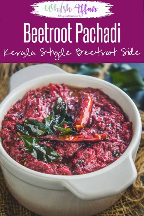 Beetroot Pachadi is a chutney style dish of beetroot which is an integral part of Onam sadya. It is quite easy to make and goes well with steamed rice. Here is how to make Beetroot Pachadi Recipe. #Indian #Kerala #Recipe #Beetroot #Healthy #Onam #Sadya #Vegetarian #GlutenFree Beetroot Pachadi, Beetroot Chutney Recipe, Beetroot Raita, Pachadi Recipe, Kerala Cuisine, Onam Sadya, Onam Sadhya, Yummy Noodles, Beetroot Recipes