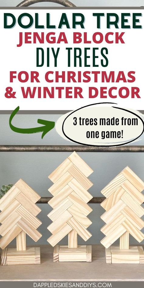 A set of 3 trees can be made using only 1 set of Dollar Tree tumbling tower game blocks! This cute craft can be created with just 4 supplies! Perfect for shelf decor or gifting to friends and family! Christmas Tree Out Of Jenga Blocks, Dollar Store Block Crafts, Ideas With Jenga Blocks, Dollar Tree Stacking Blocks Crafts, Wood Jenga Block Crafts, Jenga Block Crafts Diy Dollar Tree Truck, Dollar Store Jenga Ornaments, Tumbling Tower Blocks Christmas Tree, Scrap 2x4 Projects Diy Wood Blocks