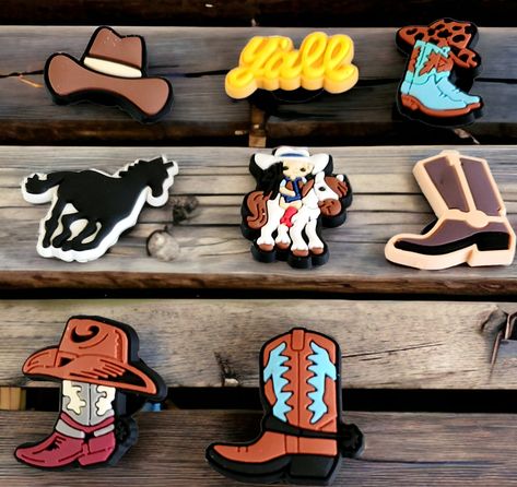 Croc Pins, Cowgirl Shoes, Rodeo Clown, Croc Accessories, Boot Charms, Boot Charm, Croc Jibbitz, Country Birthday, Cattle Drive