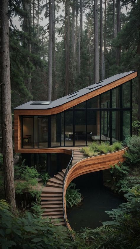 Modern Nature House Exterior, Nature Based Architecture, Architecture In Forest, Simplistic Architecture, Slope House Design Architecture, Nature Architecture Concept, Unique Architecture House, Nature House Design, Modern Hillside House