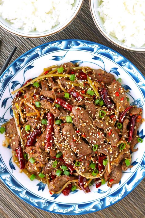 This Mongolian Lamb Stir-fry is quick and easy to make on any given weeknight and full of the BEST savory, spicy and sweet flavors! Tender lamb strips, shredded Welsh onion and fragrant aromatics get tossed in a tantalizing sauce that will tingle your tastebuds! #mongolianlamb #lambstirfry #dinner #easyrecipes #copycat #betterthantakeout #chinesefood #asianfood #stirfry #lamb | That Spicy Chick Lamb Stir Fry, Leftover Lamb, Quick Stir Fry, Mongolian Lamb, Lamb Chops, Oyster Sauce, Fish Sauce, Chinese Food, Stir Fry