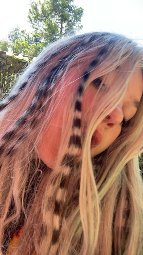 Fake Blonde Hair Ideas, Blonde 2000s Hair, Streaky Blonde Hair, Brown And Blonde Striped Hair, Funky Blonde Hair Color Ideas, Blonde Raccoon Tail Hair, Y2k Hair Highlights, Striped Hair Dye, Pink Raccoon Tail Hair