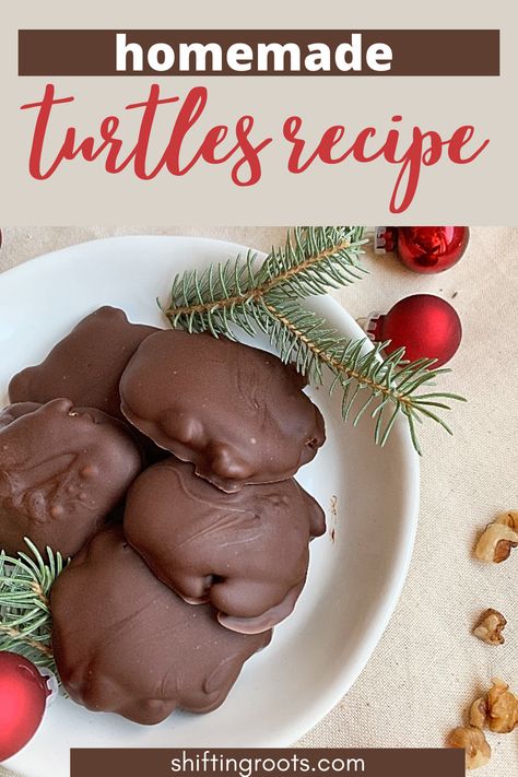 Turtles Recipe Homemade, Christmas Dainty Tray Ideas, Homemade Turtle Candy With Pecans And Caramel, Homemade Turtles With Caramels, Christmas Dainties Recipes, Cookies Recipes Christmas Easy, Turtle Candy With Pecans And Caramel, Christmas Baking Trays, Christmas Dainties