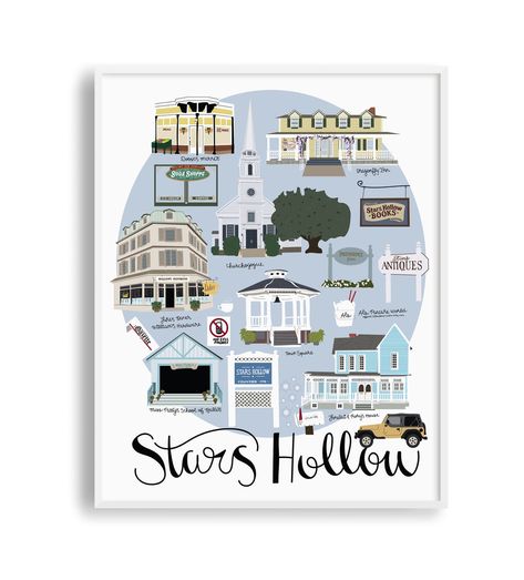 Stars Hollow Map, Stars Hollow Books, Doose's Market, The Dragonfly Inn, Gilmore Girls Prints, Gilmore Girls Lane, Gilmore Girls Stars Hollow, Stars Hollow Gilmore Girls, Dragonfly Inn