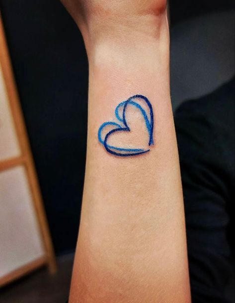 Tiny Blue Heart Tattoo, Blue Script Tattoo, Blue Heart Tattoos For Women, Blue Heart Tattoo Ideas, Blue Outline Tattoo, Blue Line Tattoo For Women, Blue Tattoos For Women, Blue Heart Tattoo, Heart Tattoo On Face