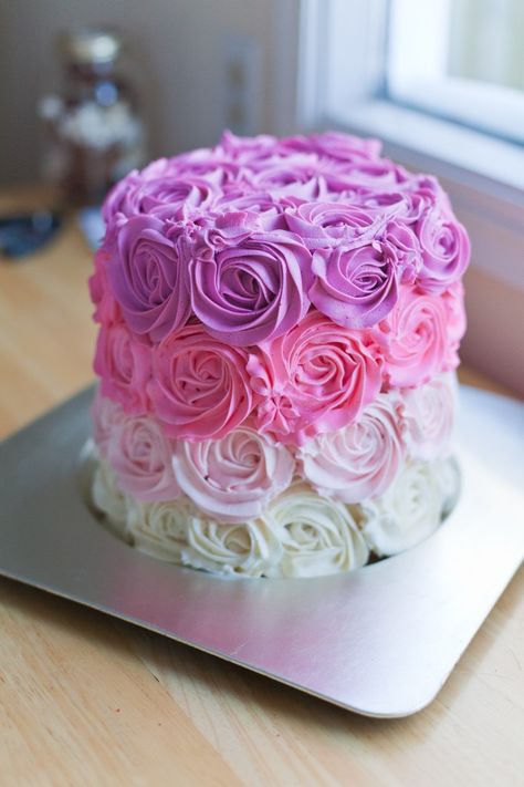 Pink Ombre Rose Cake Tutorial and Recipe | bsinthekitchen.com #bsinthekitchen #dessert #OmbreCake Descendants Party, Swirl Cake, Ombre Cake, Beautiful Cake, Rose Cake, Cake Tutorial, Love Cake, Fancy Cakes, Smash Cake