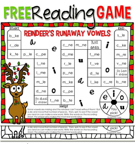 Christmas Reading Activity: "Reindeer's Runaway Vowels" Free Printable Game Christmas Phonics Activities, Christmas Reading Crafts, Blends Centers, Holiday Reading Activities, Christmas Reading Activities, Christmas Literacy, Winter Reading, Christmas Teaching, Cvce Words