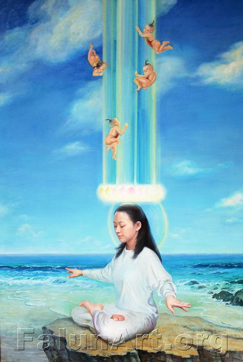 Theme: II. The Joy of Cultivation    This painting depicts a young woman doing the fifth exercise of Falun Gong, “Way of Strengthening Divine Powers.” The clear water and blue sky reflect her tranquility and give a feeling of her union with heaven while she meditates. The four “cultivated infants ” play amidst an energy field....http://falunart.org Holy Spirit Art, Falun Gong, Blackpink Memes, Qi Gong, Buddha Art, Energy Field, Force Of Evil, Spiritual Life, Spiritual Art