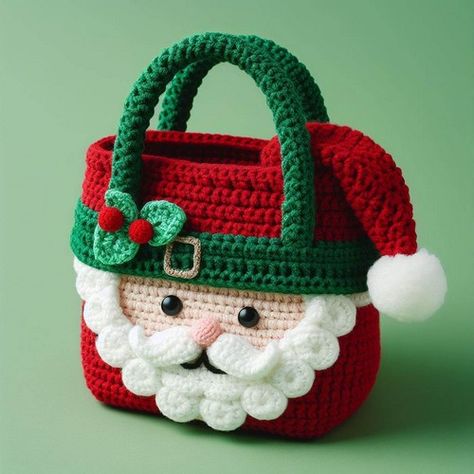 Crochet Santa Bag Free Pattern For Christmas - All Thing Crafts Crochet Santa And Mrs Claus, Crochet Felted Bag Patterns, Xmas Decorations Crochet, Crochet Santa Bag, Crochet Santa Bag Free Pattern, Knitted Christmas Gift Bags, Santa Sewing Patterns, Christmas Crochet Bag, Crochet Christmas Purse