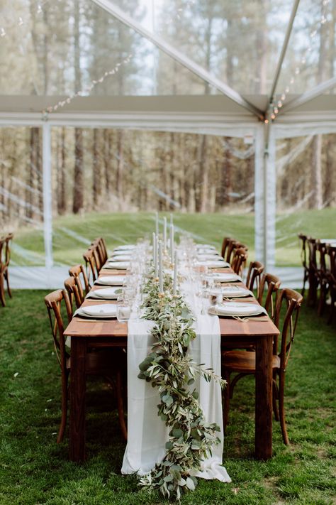 The reception was held in a large, clear tent with unobstructed views of the beautiful woods surrounding the property. Long, wooden tables were a must for the grooms, who felt it added a bit of drama and perfectly aligned with the rest of the elegant décor. California Desert Wedding, White Tent Wedding, Pastel Invitation, Masculine Wedding, Outdoor Tent Wedding, Tent Wedding Reception, Small Tent, Outdoor Celebration, Clear Tent