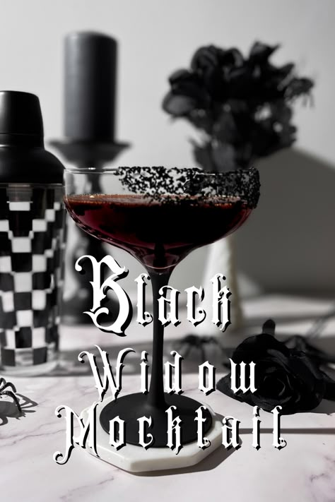 A dark red mocktail that looks like blood, in a black and white spooky scene with a cocktail shaker and Halloween decorations. Black Non Alcoholic Drink, Non Alcoholic Fantasy Drinks, Vegan Halloween Cocktails, Virgin Halloween Cocktails, Gothic Mocktails, Witchy Drinks Non Alcoholic, Vampire Mock Tails, Black Mocktails Non Alcoholic, Dark Mocktails