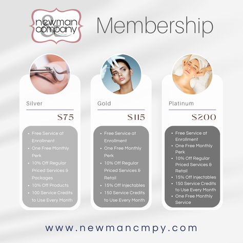 Upgrade your self-care game with Newman &amp; Co. membership! ✨💆♀ Get ready for a VIP treatment and unlock a world of perks and swag 🌟💎 Choose from our Silver, Gold, and Platinum membership levels and indulge in exclusive discounts and offers! 🎉✨ Treat yourself like the queen you are because you deserve it! 👑

https://newmancmpy.com/membership/ Spa Membership Ideas, Facial Membership, Membership Ideas, Frida Paintings, Bar Business, Vip Card, Salon Ideas, Medical Spa, Flower Background