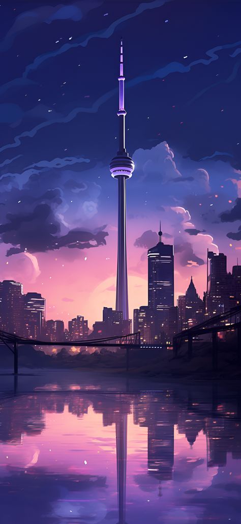 Delicate lavender aesthetic image of the Toronto skyline including the CN Tower. Aesthetic Toronto Wallpaper, Cn Tower Painting, Toronto Wallpaper Iphone, Canada Wallpaper Aesthetic, Cn Tower Wallpaper, Chill Wallpaper Iphone, Lavender Wallpaper Iphone Aesthetic, Cn Tower Aesthetic, Toronto Canada Aesthetic