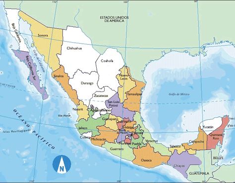 Mapa de Mexico con division politica. Real Mexico, Spanish Speaking Countries, American Continent, Changing The World, World One, How To Speak Spanish, Gulf Of Mexico, Countries Of The World, Pacific Ocean