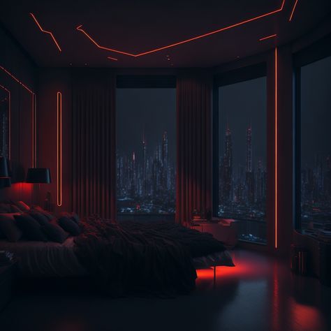 Vampire Bedroom Aesthetic Modern, Red Luxury Aesthetic Wallpaper, College Apartment Ideas Living Room, Living Room Ideas College, Red Led Bedroom, Mafia Bedroom, Black And Red Room, Manhattan Apartment Interior, Red Lights Bedroom