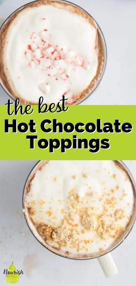 Liven up your hot cocoa with the best hot chocolate toppings: peppermint and peanut butter powder. Cold weather calls for warming up with hot chocolate. And if you're planning a holiday party, set up an easy hot chocolate bar with lots of different topping ideas. Definitely start with great hot chocolate, and then add individual toppings that guests can add to their cocoa. Hot Cocoa Topping Ideas, Toppings For Hot Chocolate, Hot Chocolate Powder Recipe Desserts, Hot Chocolate Using Cocoa Powder, Hot Chocolate Made With Cocoa Powder, Easy Hot Chocolate Bar, Hot Chocolate With Cocoa Powder, Easy Hot Chocolate, Hot Chocolate Toppings