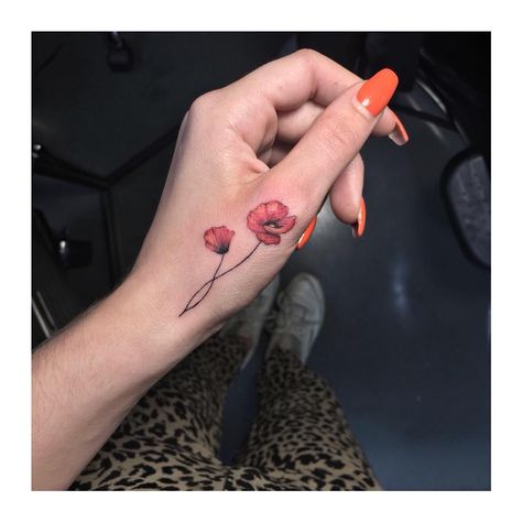 Poppy Flower Hand Tattoo, Small Hands Tattoo, Forgotten Tattoo, Red Poppy Tattoo, Poppy Tattoos, Flower Finger Tattoos, Poppy Flower Tattoo, Thumb Tattoos, Simple Flower Tattoo