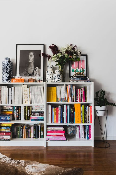 Cow Hide on the floor is also from IKEA. The bronze crab is from Mr Pinchy and Co. The blue and white vase is from Freedom. Billy Ikea, Lots Of Books, Ikea Bookshelves, Deco Studio, Blue And White Vase, Boho Luxe, Bookshelf Decor, Cheap Decor, Home Library