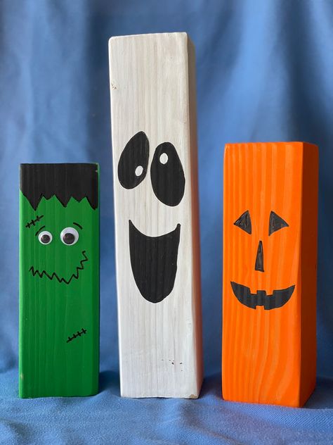 Easy Wood Halloween Crafts, Painted Wood Decorations, 2 X 4 Wood Pumpkins, 4 X 4 Pumpkins, Halloween Jenga Block Crafts, Halloween Wooden Crafts, Wood Square Crafts, 2 X 4 Scrap Wood Projects, Diy Halloween Signs Wood