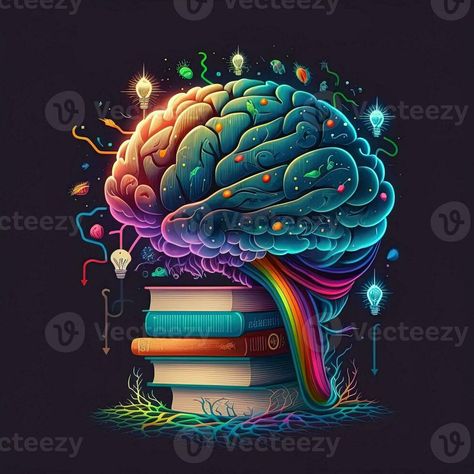 This whimsical image shows a brain with a library inside, its neurons and synapses lit up in a rainbow of joyful colors. A stack of books on a shelf indicates knowledge and learning, Generative AI Cool Brain Art, Brain Artwork, Books On A Shelf, Neuroscience Art, Brain Neurons, Joyful Colors, Health Notes, Brain Illustration, Brain Images