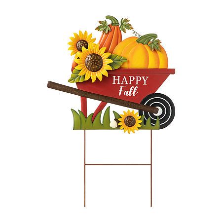 A clever wheel barrow pumpkin yard stake that comes in an exquisite finish with rich color. Featuring laser cut sunflowers and pumpkin. Premium material with fine workmanship ensures its durability and practicality. It is a unique and playful addition to your home's exterior décor and easy to anchor anywhere in your yard or garden.Size: 20.in L x 1.5.in W x 30.in HConstructed of high quality metal, very durable. Unique wheel barrow shape.With bright color, and the paint is sturdy and resi Wheel Barrow, Metal Pumpkins, Pumpkin Thanksgiving, Harvest Thanksgiving, Wooden Pumpkins, Garden Size, Fall Outdoor Decor, Outdoor Holiday Decor, Fall Outdoor