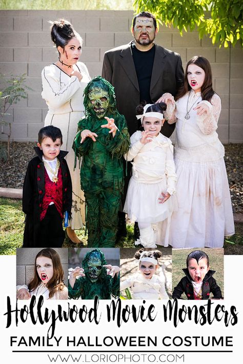 Hollywood Movie Monsters | Family Halloween Costume Parents With Baby, Cool Couple Halloween Costumes, Family Costumes Diy, Family Themed Halloween Costumes, Dracula Costume, Costume Family, Frankenstein Costume, Family Halloween Costume, Movie Halloween Costumes