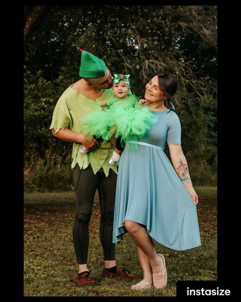 Halloween costume ideas, family of 3, babys first Halloween, Disney Tinker Bell Peter Pan And Wendy Costume, Tinkerbell Family Costume Ideas, Tinker Bell Family Costume, Tinkerbell Family Costume, Family Fairy Costumes, Wendy Costume, Peter Pan Costumes, Peter Pan Wendy, Mommy Hacks