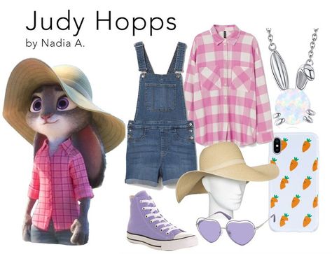 Zootopia, Bunny, Rabbit, Police Officer, Disney, Disneybound, Outfit, Fashion, Cartoon, Animation, Overalls, Carrot, Pink, Purple, Flannel, Straw Hat, Denim, Sunglasses Judy Hopps Cosplay, Disneybound Ideas, Disney Character Outfits, Matching Halloween Costumes, Disney Themed Outfits, Disney Inspired Fashion, Judy Hopps, Disney Bound Outfits, Disney Inspired Outfits