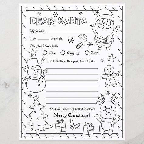 A fun "Dear Santa Letter" that kids can color in! This Santa Coloring Page features Santa, a Christmas tree, a gingerbread man, and more. Kids can easily fill in the blanks with their names and wishes!. #fonts #happynewyear #newyear #businessfonts Preschool Santa Letters, Christmas List Coloring Page, Letter To Santa Ideas, Santa Letter Ideas, Santa Wish List Printable, Kids Christmas List Printable, Free Christmas Coloring Pages Printables, Letter To Santa Free Printable, Christmas List For Kids