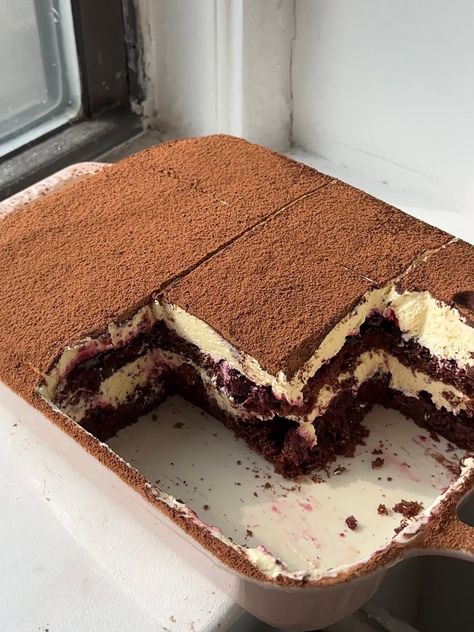 Black Forest Tiramisu • Red Currant Bakery Different Flavor Tiramisu, Black Forest Dump Cake, Black Forest Trifle Recipe, Tiramisu Aesthetic, Hershey Cake, Apricot Cobbler, Dessert Aesthetic, Chilled Desserts, Kitchen Confidential