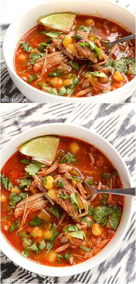 30 Minute Posole - BudgetBytes.com Leftover Pulled Pork, Pulled Pork Leftovers, Mexican Soup, Crock Pot Recipes, Idee Pasto Sano, Enchilada Sauce, Slow Cooked, Comfort Foods, Pulled Pork