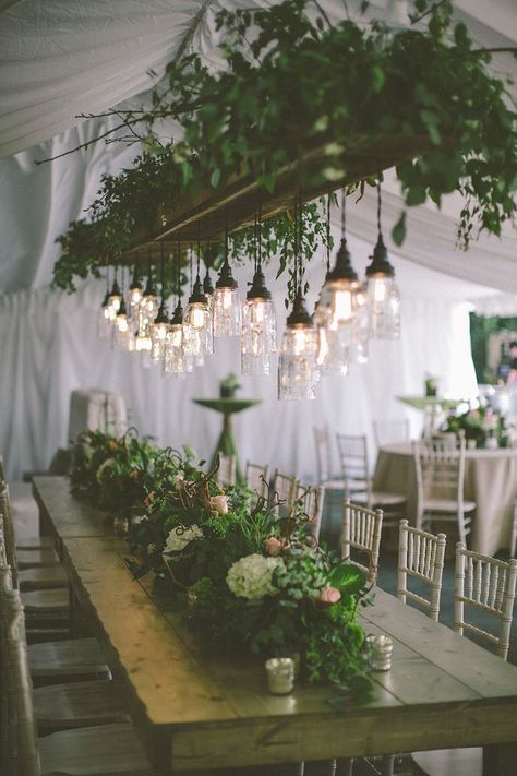 View entire slideshow: Floral Garland Favorites on http://www.stylemepretty.com/collection/1968/ Hanging Centerpiece, Wedding Tent, Flowers And Greenery, Long Table, Deco Floral, Woodland Wedding, Forest Wedding, Greenery Wedding, Wedding Lights