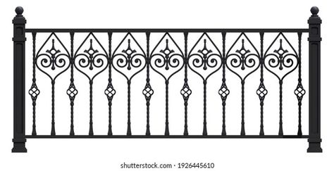 3D rendering forged iron railings. Art wrought iron. Metal pillars. Project of handrails. 3D render luxury architecture. Vintage. Balcony. Terrace. Black metal. Isolated on white. Vintage Balcony Railing, Bloxburg Railing Decal, Vintage Balcony, Bloxburg Cafe, Iron Balcony Railing, Architecture Vintage, Iron Railings, Luxury Architecture, Iron Balcony