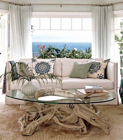 Find your Coastal Coffee Table Style! Driftwood coffee table: http://www.completely-coastal.com/2014/08/coastal-coffee-table-styles.html Hawaiian Bedroom, Calm Living Room, Florida Architecture, Serene View, Coastal Coffee Table, Bungalow Decor, Driftwood Coffee Table, Chic House, Driftwood Furniture