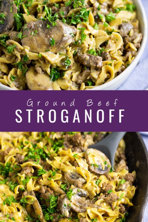 Juicy ground beef and warm noodles tossed in a creamy sauce seasoned with fresh mushrooms, onion, and garlic makes a classic easy comfort dish. Make this Ground Beef Stroganoff in just one pot! Stroganoff Beef, Ground Beef Pasta Recipes, Ground Beef And Rice, Beef Pasta Recipes, Slow Cooker Beef Stroganoff, Ground Beef Stroganoff, Ground Beef Pasta, Stroganoff Recipe, Herb Sauce