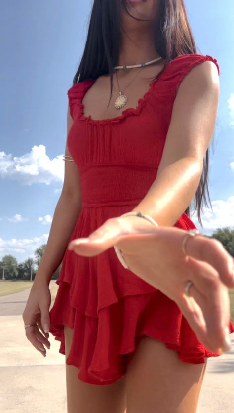 Red Sundress Aesthetic, Cute Red Dress Aesthetic, Red Dress Aesthetic Casual, Rompers Aesthetic, Red Sundress Outfit, Fourth Of July Outfits Aesthetic, Red Summer Aesthetic, Red Outfit Summer, Red Summer Outfits