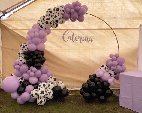 Cow Balloon Arch, Cow Print Balloon Arch, Space Cowgirl Balloon Garland, Purple Cow Birthday Party, Purple Cowgirl Party, Purple And Cow Print Birthday, Pink Cow Balloon Garland, Purple Cow Print, Cowgirl Party Invitations Purple