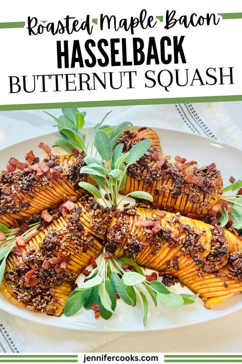 Roasted Maple Bacon Hasselback Butternut Squash is a savory-sweet side dish that takes butternut squash to the next level. With crispy bacon, a maple-pecan glaze, and a touch of cinnamon and nutmeg, this recipe brings a perfect balance of flavors. A simple, comforting dish that pairs beautifully with any meal, it's the ultimate roasted vegetable treat to impress your guests. Butternut Squash Side Recipes, Hasselback Butternut Squash Recipes, Butternut Squash With Bacon, Hasselback Butternut Squash, Butternut Squash Bacon, Pecan Glaze, Homemade Slaw, Creamy Pasta Bake, Maple Syrup Recipes