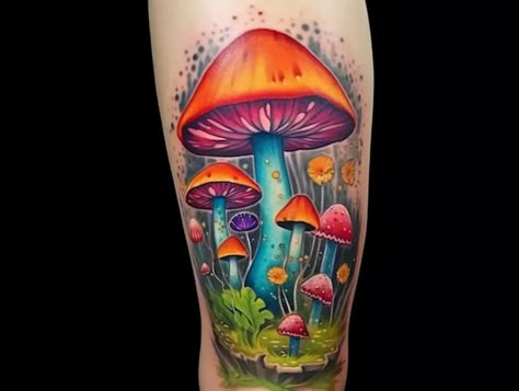 Mushroom Tattoo With Flowers, New School Mushroom Tattoo, Mouse And Mushroom Tattoo, Colored Mushroom Tattoo, Mushroom Tattoos Color, Tattoo Mushroom Trippy, Mushrooms Tattoo Ideas, Mushroom Tattoos For Women, Mushroom Tattoos Trippy