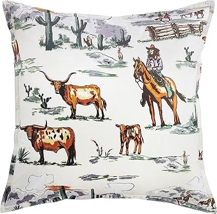 Amazon.com: Paseo Road by HiEnd Accents Western Bedding Ranch Life Euro Pillow Sham, 27x27 inch, Cowboy Cow Longhorn Horse Print, Southwestern Rustic Euro Pillow Cover : Home & Kitchen Color Sketches, Euro Pillow Covers, Cowgirl Pictures, Western Bedding, Reversible Bedding, Inspired Bedroom, Rustic Bedding, Velvet Quilt, Desert Sunset