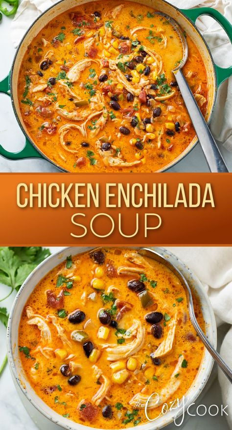 chicken enchilada soup with shredded chicken, black beans, and a mix of vegetables. Soup Dinner Recipes, Chicken Enchilada Soup Recipes, Enchilada Soup Recipe, Creamy Chicken Enchiladas, Comforting Soup, Chicken Enchilada Soup, Enchilada Soup, Chicken Enchilada, Soup Crocks