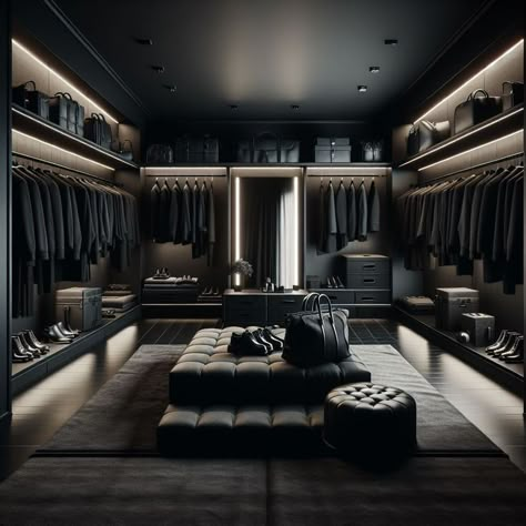 Dark Luxury Closet, Luxury Closet Black, Men Closet Luxury, Men’s Closet, Dark Walk In Closet, Black Walk In Closet, Dark Dressing Room, Dressing Room Black, Dark Closet