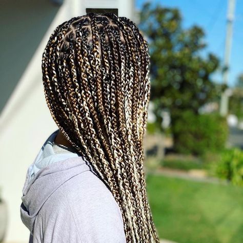 Black And Brown Knotless Braids Mixed, Mixed Brown Knotless Braids, Mixed Blonde Box Braids, Mixed Color Box Braids, Mixed Colour Braids, Medium Knotless Box Braids, Welcome To Australia, Gold Braids, Medium Knotless Braids