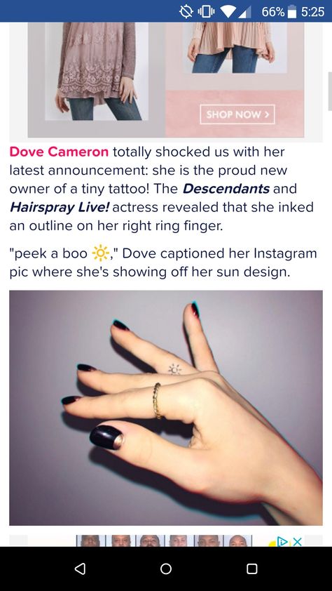 Dove Cameron's adorable sun finger tattoo!!! 💖 Dove Cameron Tattoo, Hairspray Live, Ring Finger Tattoos, Ring Tattoos, Sun Tattoo, Dove Cameron, Ring Finger, Rose Tattoo, First Tattoo