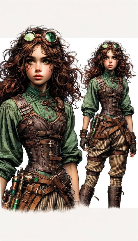 Green Steampunk Outfit, Dnd Hairstyles Female, Steampunk Woman Art, Steam Punk Fashion Women, Steampunk Robot Concept Art, Steampunk Character Design Female, Steampunk Portrait, Steampunk Character Design, Dark Steampunk