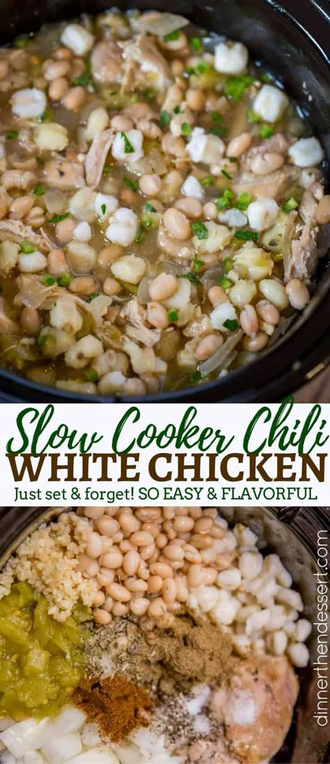 Recipes With Hominy, Hominy Recipes, Easy White Chicken Chili, White Chicken Chili Recipe Crockpot, Slow Cooker White Chicken Chili, Chicken And Peppers, White Chicken Chili Healthy, Chili Dinner, White Chicken Chili Slow Cooker