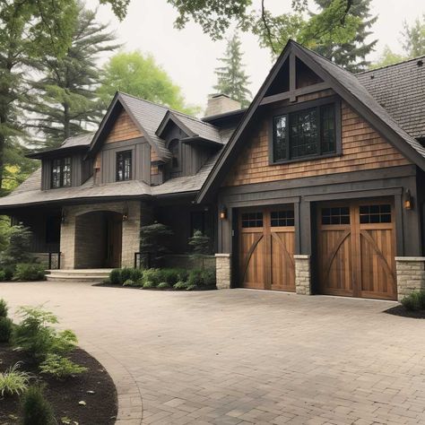 Dark Brown Craftsman Exterior, Masculine Exterior House, Dark Lake House Exterior, Houses With Wood Siding, Black Houses With Cedar Accents, Western House Ideas Exterior, Tan Brown Black House Exterior, Diagonal Siding Exterior, Masculine Home Exterior