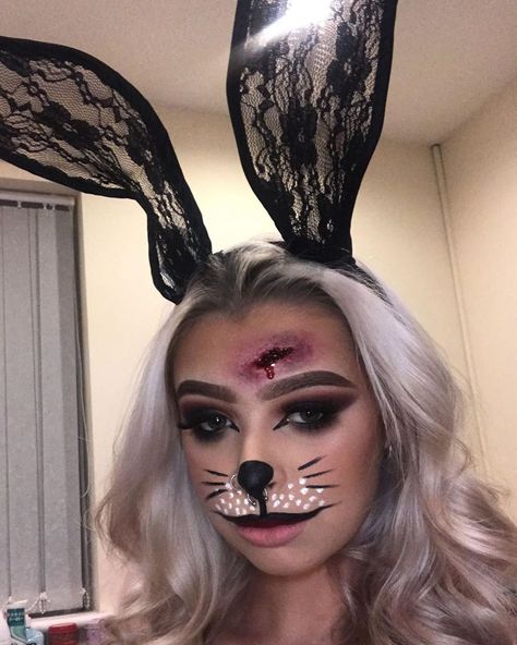 Scary bunny face!!  ... Scary Rabbit Makeup, Bunny Make Up Halloween, Scary Bunny Makeup Halloween, Coelho Halloween, Black Eye Makeup Halloween, Scary Bunny Costume, Scary Bunny Makeup, Rabbit Halloween Makeup, Bunny Makeup Halloween