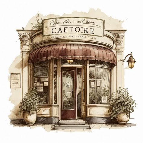 Cute Shop Exterior, Cafe With Apartment Above, Cafe Shop Drawing, Coffee Shop Drawing Sketch, Aesthetic Cafe Exterior, Shopfront Illustration, Storefront Painting, Cute Store Fronts, Coffee Shop Watercolor